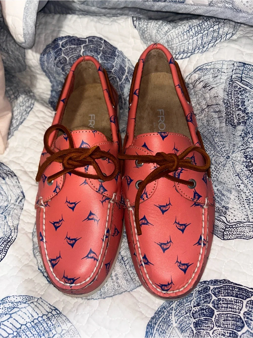 Froats coral with blue sailfish Printed Leather Boat Loafers with Brown Laces